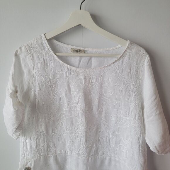 lungo l'arno women's 100% linen embedary top size s roll-tab sleeve clean girl - Picture 3 of 9